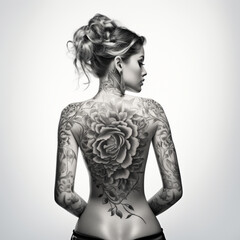 Fotografia en blanco y negro de atractiva mujer con la espalda tatuada