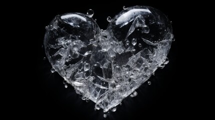 Ice cube in the shape of a heart. Frozen water crystals on a black background. Icy love.