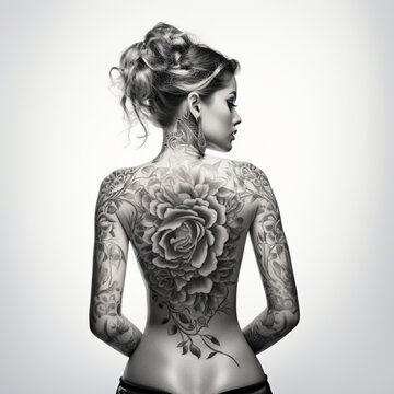 Fotografia en blanco y negro de atractiva mujer con la espalda tatuada
