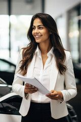 young indian businesswoman standing at the showroom and holding paperwork