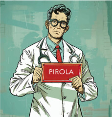 Doctor holds a sign with the words pyrola the new variant of covid-19. IA