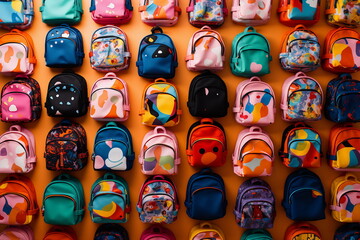 Fototapeta na wymiar stack of different schoolbag, top view