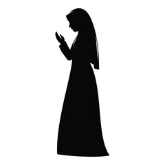 A silhouettes of solemnly muslim woman raising their hands in prayer, kneeling and bowing, vector illustration, isolated on white background.