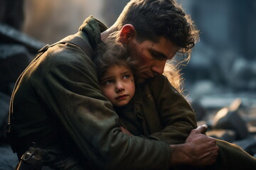 soldier hug little child girl, war concept