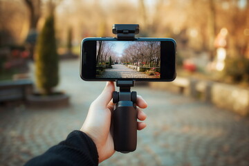 woman hand gold mobile phone gimbal stabilization