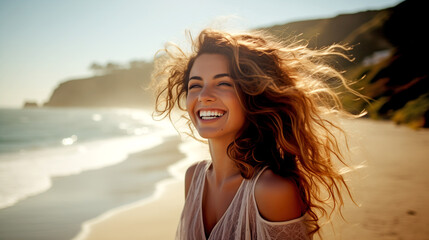 Naklejka premium Happy Young Woman Relaxing on the Beach - Delightful Girl Enjoying the Freedom of Youth on a Sunny Day - Healthy Lifestyle Concept.