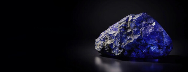 Tanzanite is a rare precious natural stone on black background. AI generated. Header banner mockup with space.