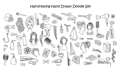 Hairdressing hand drawn doodle set. Beauty salon tools and equipment, various haircuts and hair styles. Hand drawn doodle Hair salon icons set. Vector illustration. Barber symbols collection.  - obrazy, fototapety, plakaty