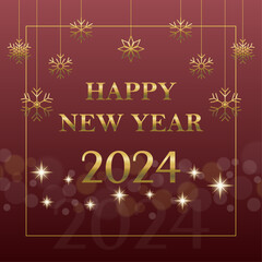 Obraz na płótnie Canvas New year 2024 red gradient banner for social media with gold snowflakes, glowing stars and bokeh light on the background