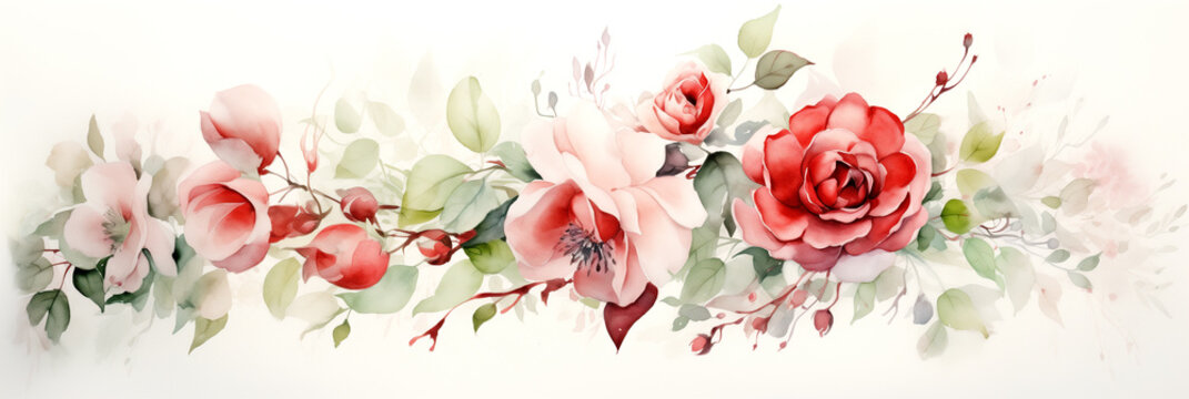 Floral Arrangement - Painting with Pink Roses on a White Background - Watercolor Painting. 