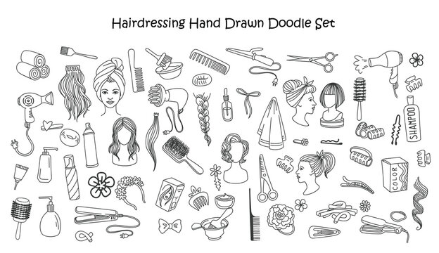 Hairdressing hand drawn doodle set. Beauty salon tools and equipment, various haircuts and hair styles. Hand drawn doodle Hair salon icons set. Vector illustration. Barber symbols collection. 