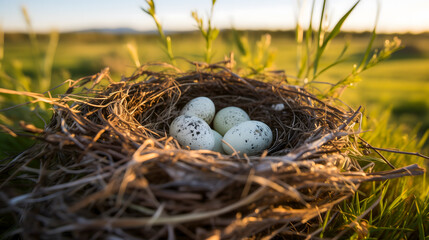 Un nid d'oiseau contenant des oeufs au milieu d'un champ.