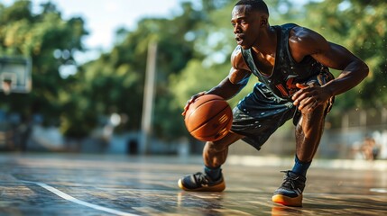 a person dribbling a basketball on an outdoor court. The setting is bright and sunny. - Powered by Adobe
