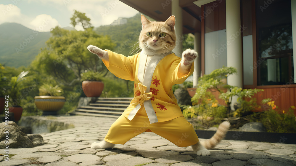 Wall mural A kung fu cat in a fighter costume, a karate cat in the mountains.