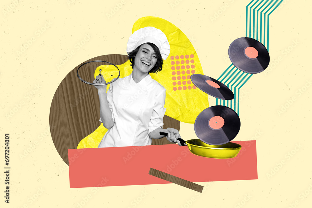 Wall mural Photo collage of retro dj young girl in cooker chef wear uniform hold frying pan vinyl disc enjoy partying isolated on gray background