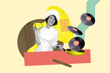 Photo collage of retro dj young girl in cooker chef wear uniform hold frying pan vinyl disc enjoy...