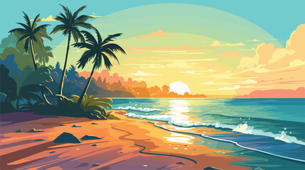  colorful illustration capturing spirit tropical beach. Vector illustration  - obrazy, fototapety, plakaty