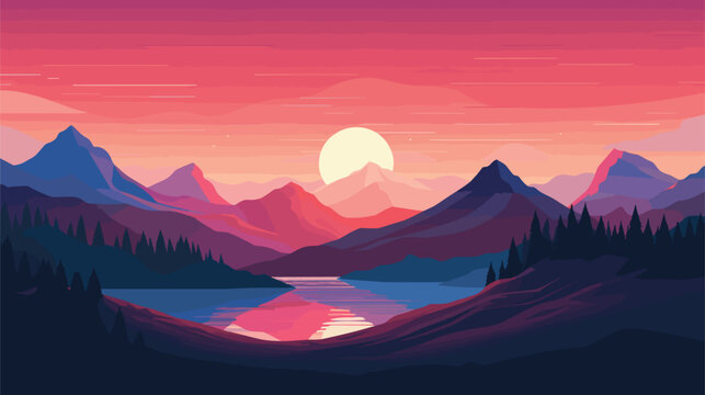  digital illustration mountain landscape with sunset background. Vector illustration 