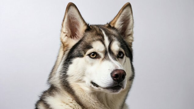 A majestic Siberian Husky with striking blue eyes and a beautiful black and white coat looks away thoughtfully, its fur texture highlighted against a simple grey background in a studio portrait.