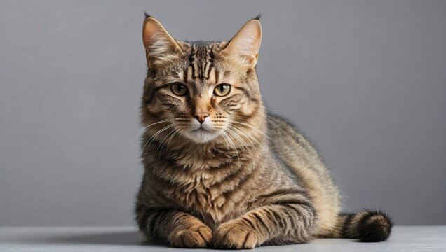 A mature tabby cat with sharp eyes and a richly patterned coat rests gracefully, its confident gaze and elegant posture emphasized against a smooth grey studio background.
