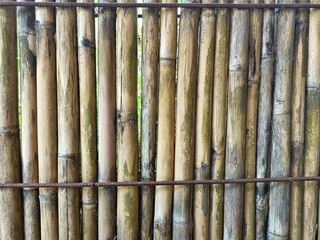 Weathered natural bamboo fence with rusty iron bars at top and bottom horizontal background texture