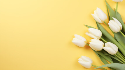 pale yellow background with a bouquet of white tulips