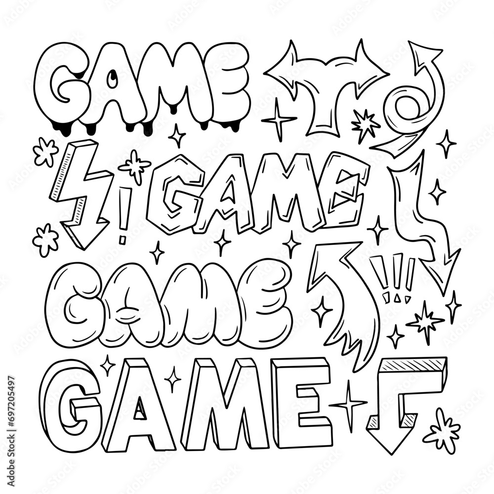 Fototapete outline doodle set with word game and arrows