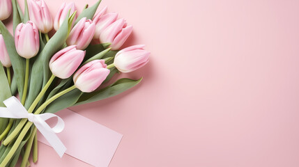bouquets of tulips on a pink background with space for text, festive office for Mother's Day