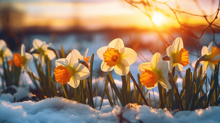 daffodil flowers in a snowy meadow at sunset, spring background - Powered by Adobe