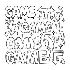 Outline doodle set with word Game and arrows