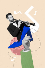 Vertical collage picture of black white colors arm hold high heel shoe mini elegant guy play flute...