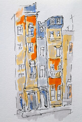 City sketch created with liner and markers. Color illustration on watercolor paper - 697205804