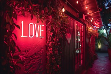 Entrance Elegance: Neon Red "Love" Sign on Entryway Post for a Warm Welcome