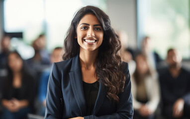 young indian businesswoman standing at business meeting - obrazy, fototapety, plakaty