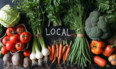 mot "LOCAL" écrit au milieu de légumes pour promouvoir la consommation locale d'aliments