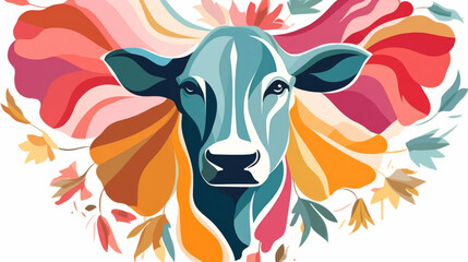 Cow minimalist illustration in floral style. Animal surrounded by vivid flowers on a white background.