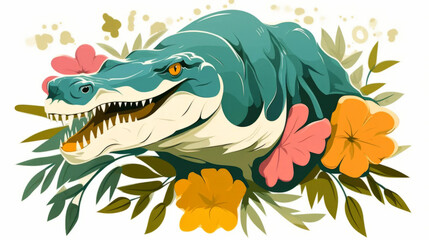 Crocodile minimalist illustration in floral style. Animal surrounded by vivid flowers on a white background.