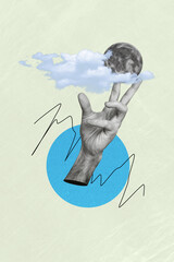 Vertical dreamy photo collage of human hand touching miniature full moon space exploration...