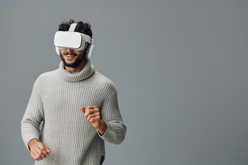 Man headset device modern game vr innovation entertainment virtual technology reality