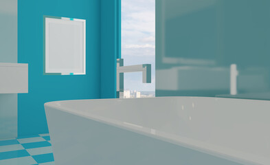 Clean and fresh bathroom with natural light. 3D rendering.. Empty paintings