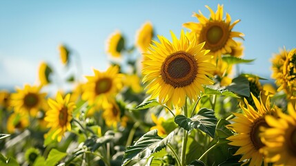 A tranquil field of blooming sunflowers under a clear blue sky. generative AI