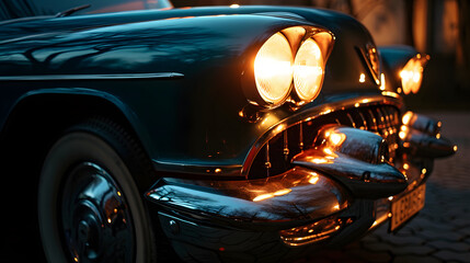 Vintage Car Glowing Headlights at Dusk