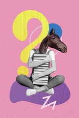 Creative abstract template collage of funny female sit hugging books stack horse head concept weird freak bizarre unusual fantasy