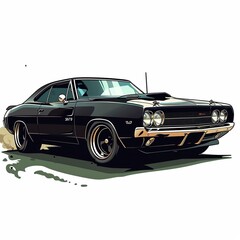 Elegant Black American Muscle Car in Clip Art Style Against Clean White Background, Classic Automobile Illustration