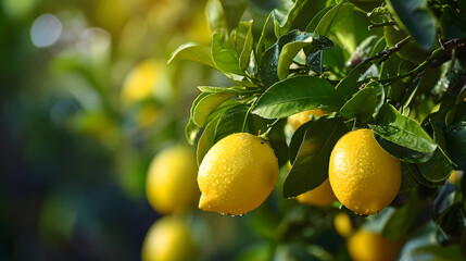 Lemons on Tree with Fresh Dew and Sunlight