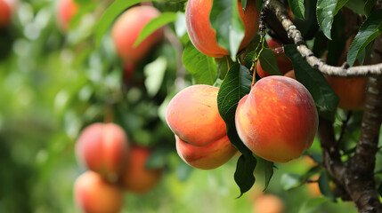 Juicy Peaches Hanging on Tree Branch in Orchard