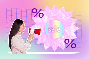 3d abstract creative artwork template collage of female announce loudspeaker shopping weird freak...
