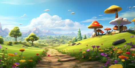landscape with flowers and clouds, Bright and colourful cartoon Irish countryside game background