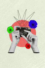 Vertical collage creative poster monochrome effect human hands make photo camera photographer...