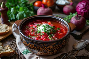 A Taste of Ukraine: Borscht - Revel in the Heartiness and Vibrant Hues of this Traditional Ukrainian Soup, Crafted with Beets, Vegetables, and a Symphony of Eastern European Flavors.

